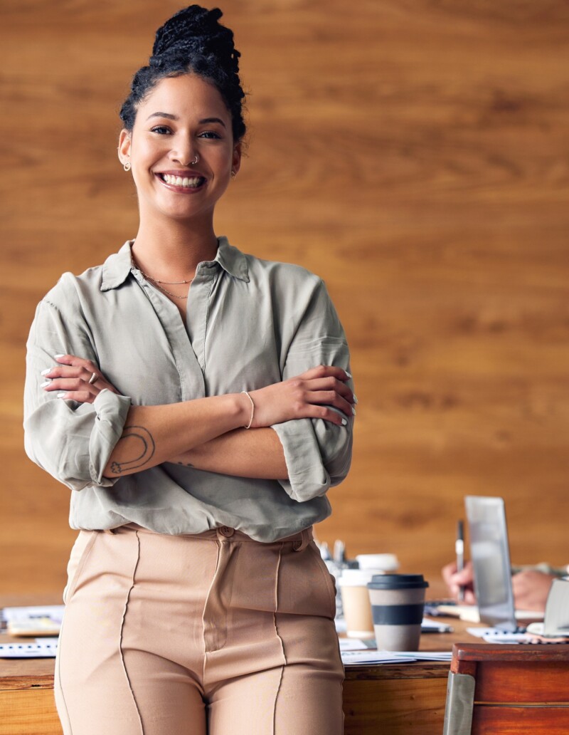 Business, confidence and portrait of hispanic happy woman in office, startup ceo or owner at hr com